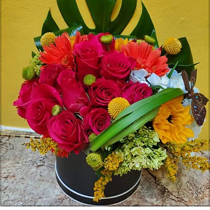 Hot pink roses in a black hat box