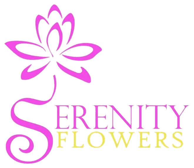 Serenity Flowers logo, a pink lotus flower above the shop name